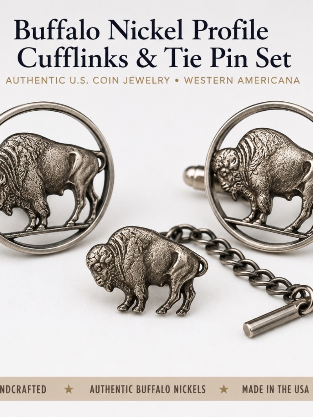 Buffalo Nickel Cut-Out Cufflinks + Tie Pin